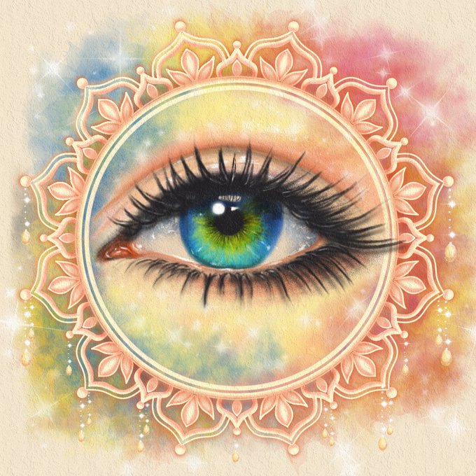 A watercolor-style artwork featuring a single large eye with a blue and green iris, framed by an ornate, symmetrical golden mandala design with teardrop accents on a textured beige background.