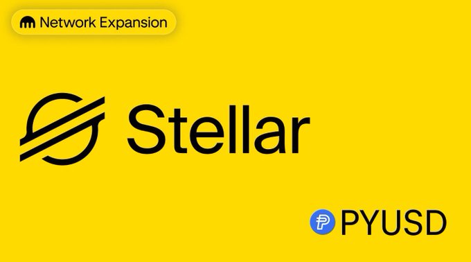 A yellow promotional graphic for the cryptocurrency network Stellar, featuring its logo, a tag reading "Network Expansion", and the PYUSD token logo.