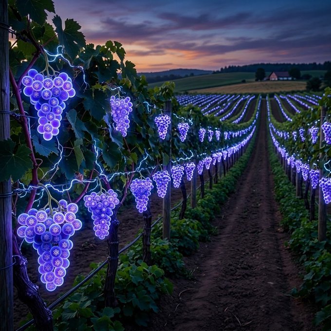 An artistic, digitally rendered vineyard at sunset features glowing purple grapes with electric blue lightning effects running through the vines.