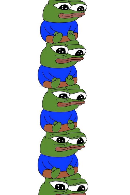 A vertical stack of identical cartoon Pepe the Frog characters, each with a green head, large eyes, and wearing a blue shirt with an orange belt or pants.