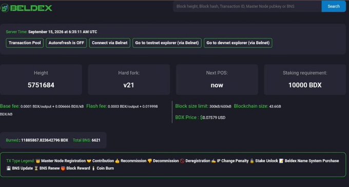 Screenshot of the BELDEX blockchain explorer showing a server time of September 15, 2026, block height of 5,751,684, hard fork v21, and a BDX/kB fee structure.