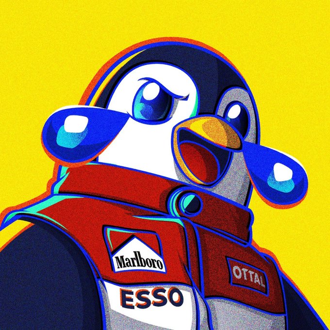 A colorful digital illustration of a cartoon penguin character in a red racing jacket featuring 'Marlboro' and 'ESSO' patches and 'OTTAL' text, set against a yellow background.