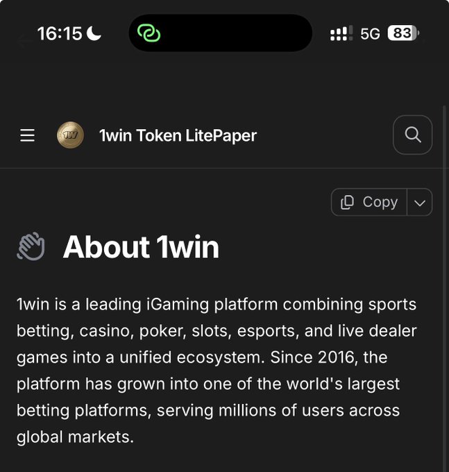 A mobile screenshot showing the "1win Token LitePaper" with the "About 1win" section, which describes 1win as a leading iGaming platform since 2016. The image relates to the post by displaying the official token documentation that contains the recent tokenomics updates mentioned, including the removal of token sale vesting.