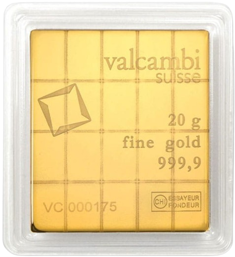 Valcambi Suisse 20g fine gold bar (999.9 purity) sealed in its assay certificate packaging, serial number VC 000175, featuring the diamond-shaped Valcambi logo.