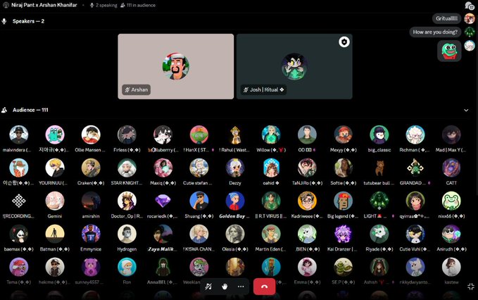 Discord voice channel screenshot of 'Niraj Pant x Arshan Khanfar' with 2 speakers (Arshan, Josh) and 111 audience members visible in a grid of avatars.