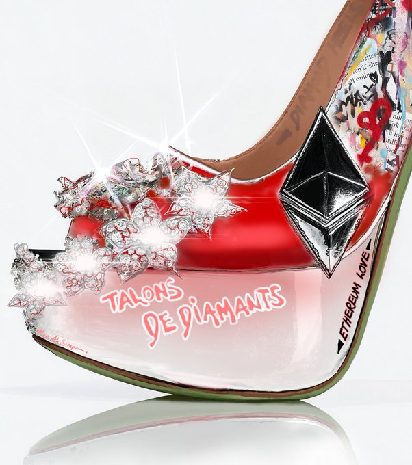A red high-heeled shoe decorated with diamonds and the text 'TALONS DE DIAMANTS' and 'ETHEREUM LOVE' along with an Ethereum logo.