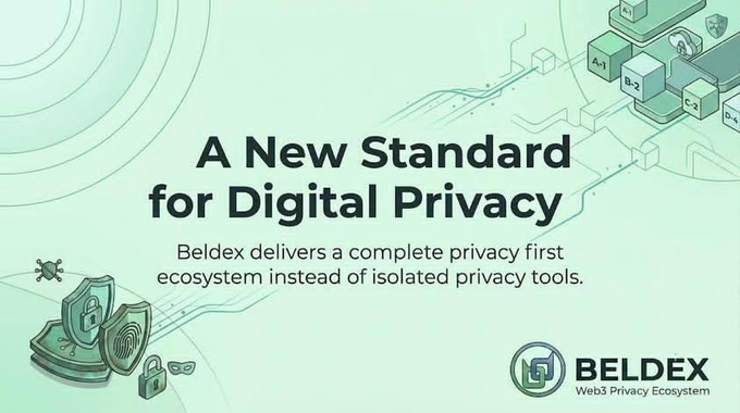 A promotional graphic with the text 'A New Standard for Digital Privacy' and 'Beldex delivers a complete privacy first ecosystem instead of isolated privacy tools,' featuring the Beldex Web3 Privacy Ecosystem logo.