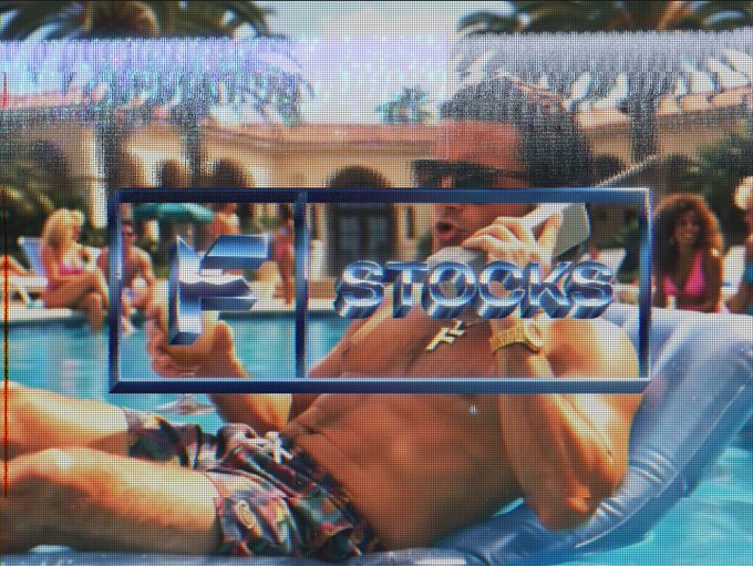 A retro-style, glitchy image shows a man in sunglasses lounging on a pool floatie in a pool, holding a drink, with a metallic blue 3D text overlay reading "F STOCKS".