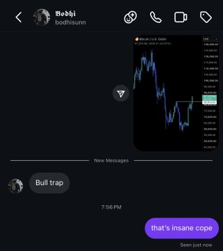 A screenshot of a Snapchat message conversation with user "Bobhi" (bodhisunnn) showing a Bitcoin/USD chart posted at 7:56 PM with the caption "Bull trap," followed by the user replying "that's insane cope." The image illustrates the post's point about a trader stubbornly insisting BTC would hit 48k and dismissing the price action as a bull trap rather than admitting his prediction was wrong.