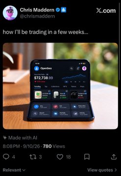 Screenshot of an X.com post by Chris Madddern (@chrismaddern) joking about his AI trading setup with an Openbox app showing $72,738.99.