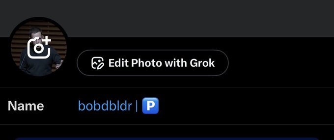The screenshot shows a user with the display name "bobdbldr" accompanied by a blue verification badge, with an "Edit Photo with Grok" option visible at the top. The blue "P" badge next to the username matches the 🅿️ emoji referenced in the post, suggesting the user "got the P" (premium verification) in their profile.