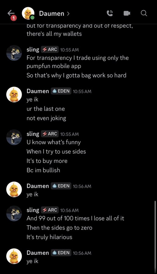 A Discord DM conversation between "Daumen" and "sling" (ticker ARC), where sling admits to trading only via the Pumpfun mobile app and buying dips on bad calls rather than selling, while Daumen repeatedly responds "ye ik."