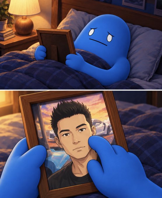 A blue cartoon character in bed looks sadly at a framed photo of a young man with sports cars in the background.