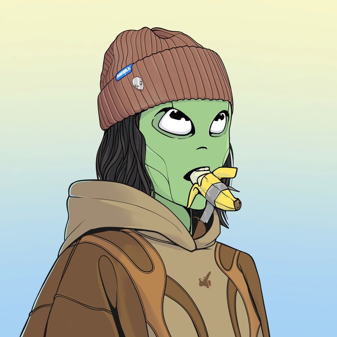 Digital illustration of a green-skinned character with a brown beanie (featuring a small skull pin) and brown hoodie, eating a banana against a gradient pastel background.