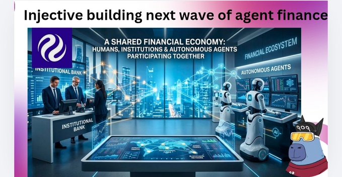 A promotional graphic titled 'Injective building next wave of agent finance' depicting a futuristic financial ecosystem where humans, institutions, and autonomous agents participate together, featuring the Injective logo.