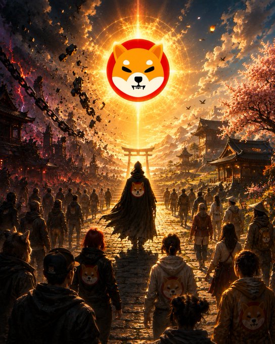 A shadowy figure bearing the $SHIB logo leads a crowd towards a glowing Shiba Inu emblem in a dramatic, anime-inspired landscape. The image visually represents the divided sentiment and fervent community surrounding the $SHIB cryptocurrency, as described in the accompanying post.