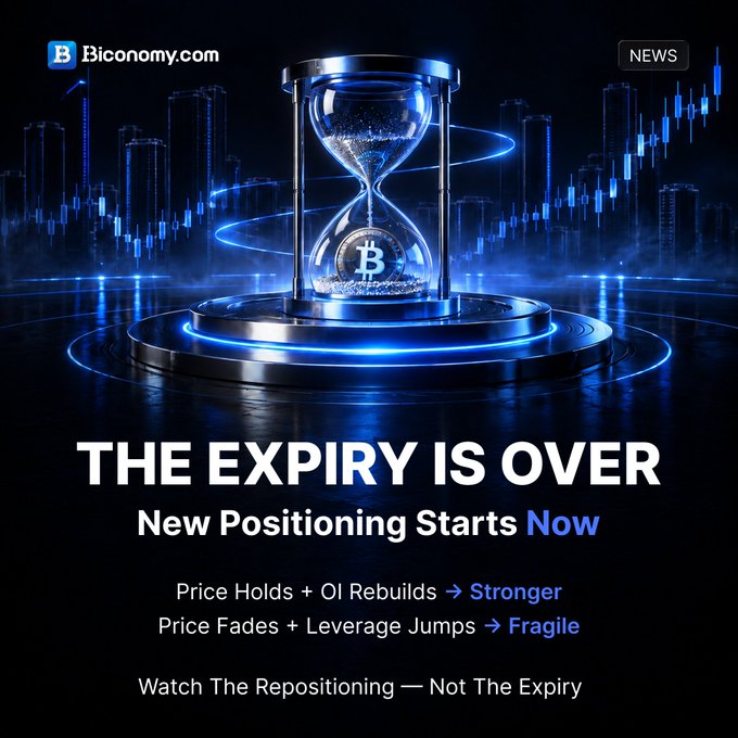 A promotional graphic from B3iconomy.com with the headline 'THE EXPIRY IS OVER - New Positioning Starts Now' featuring an hourglass with a Bitcoin logo, noting 'Price Holds + OI Rebuilds → Stronger' and 'Price Fades + Leverage Jumps → Fragile'.