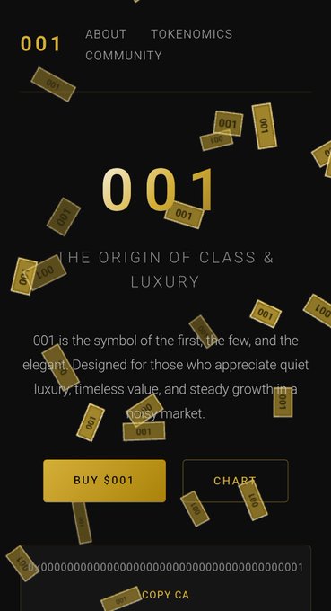 A dark promotional graphic for a token or NFT called '001' with the tagline 'THE ORIGIN OF CLASS & LUXURY' and a 'BUY $001' button.