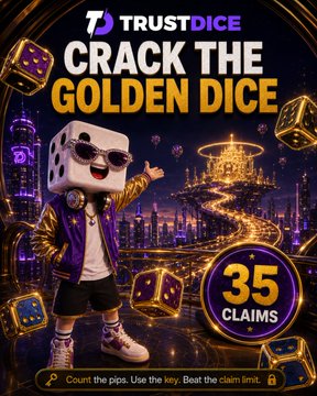 The image is a vibrant promotional poster for "TrustDice" featuring their "Crack the Golden Dice" challenge, showcasing a cartoon dice character in sunglasses and a purple jacket standing in a neon-lit cityscape with floating golden dice. A prominent badge announces "35 CLAIMS," with instructions at the bottom reading "Count the pips. Use the key. Beat the claim limit," directly supporting the post's call-to-action about solving the golden dice cipher to claim one of the 35 available rewards.