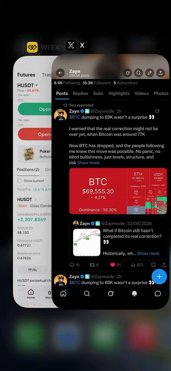 In this screenshot of a phone screen, there are multiple texts displayed including "Weekly", "X", "YZL", and "#H". Some of these texts also contain numbers like "$3,500" or "@my wallet stays green while everything else is bleeding in the market today." The post seems to be promoting an investment opportunity where someone is planning a massive short trade with a net profit of $3,500. A screenshot from a social media app further emphasizes this message by showing the screen with the details and numbers related to the short trade being scheduled for that day.