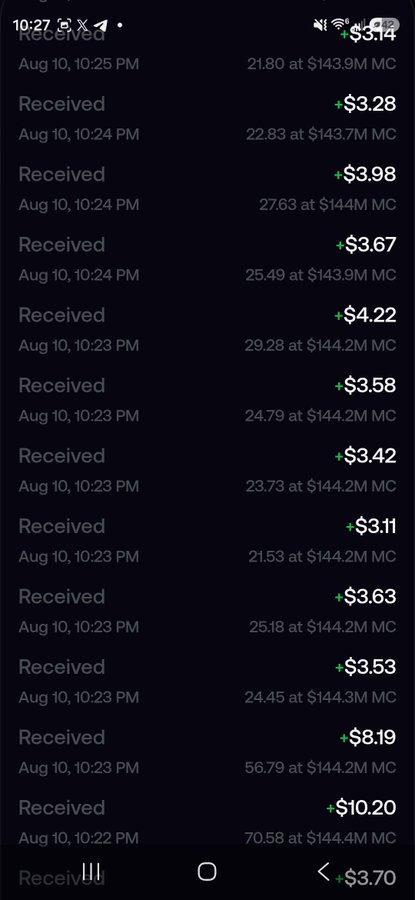 A screenshot of a mobile phone displaying a series of payment notifications received on August 10, showing numerous small dollar amounts (ranging from $3.11 to $10.20) received at varying market caps around $143-144M.