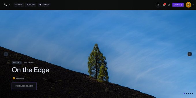 The image shows the homepage of Transient Labs featuring an artwork titled "On the Edge" by artist Sergio Cazo, with text announcing the public mint starts in under 4 hours at 3pm EST, alongside a "PRESALE FOR 02:42Z" button and navigation tabs for Home, Studio, and Curated.