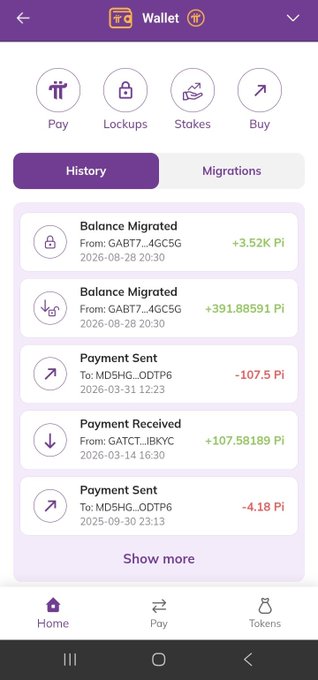 A screenshot of a mobile cryptocurrency wallet app showing transaction history, including 'Balance Migrated' and 'Payment Sent/Received' entries with amounts in Pi.