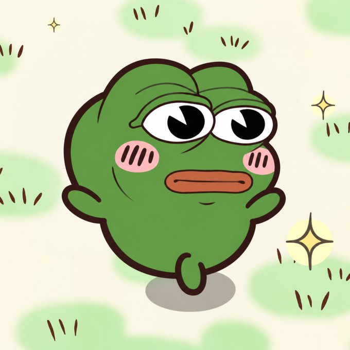 A cartoon illustration of a round, green character with a flat, unimpressed expression, blushing cheeks, and half-lidded eyes, floating against a soft, cloudy background.