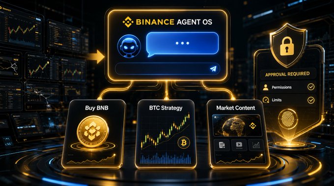 A digital dashboard titled 'BINANCE AGENT OS' displays options like 'Buy BNB', 'BTC Strategy', and 'Market Content', alongside a security panel showing 'APPROVAL REQUIRED' for Permissions and Limits.