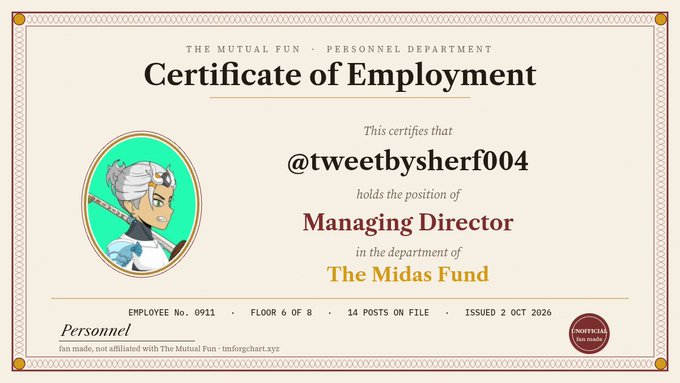 A certificate from 'The Mutual Fun Personnel Department' certifying @tweetbysherf004 as Managing Director of The Midas Fund, issued 2 OCT 2026.