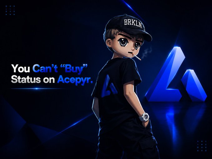 A cartoon avatar of a boy wearing a 'BRKLN' cap and black shirt, with text reading 'You Can't "Buy" Status on Acepyr.' beside a blue 3D logo.