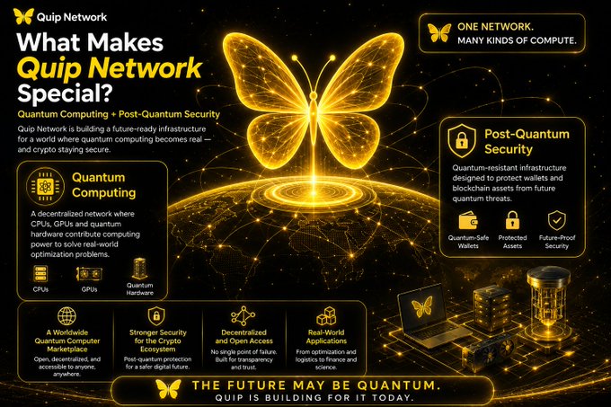 A promotional graphic for 'Quip Network' titled 'What Makes Quip Network Special?' highlighting Quantum Computing and Post-Quantum Security features, featuring a glowing golden butterfly logo.
