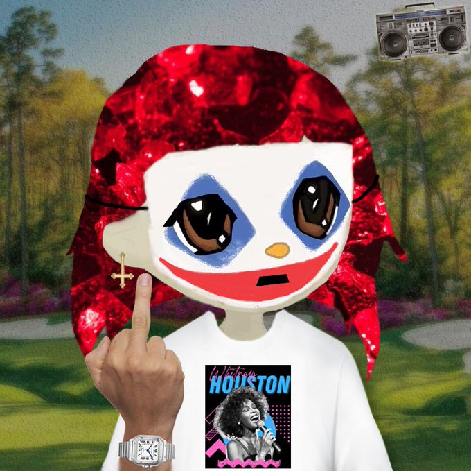 A digital art collage featuring a character with red gem-like hair and large blue anime eyes making an obscene gesture, wearing a t-shirt with Whitney Houston Houston tour artwork and a watch, set against a park background with a boombox.