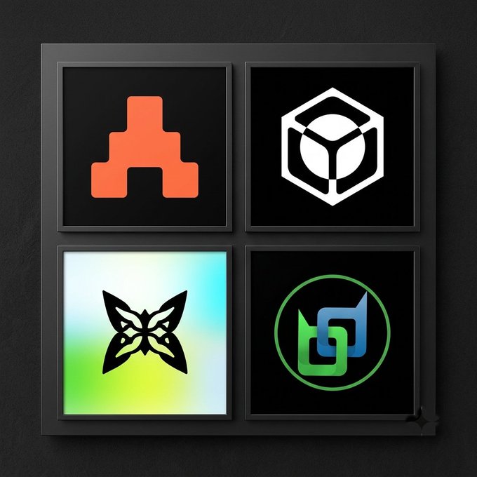 Four tech/crypto logos displayed in a 2x2 grid on a dark background: an orange Tetris-like shape, a white hexagon with a circle, a black butterfly on a green-blue gradient, and a green and blue circular logo.