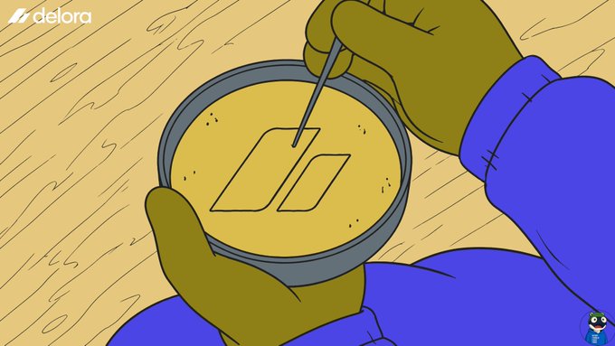 An illustrated gloved hand uses a tool to carve or manipulate two rectangular slots in a yellow Petri dish, with the "delora" logo visible in the upper left corner. The image's metaphor of hands-on, delicate engineering work ties directly to the post's theme of the complexity and craftsmanship required to build multi-chain liquidity infrastructure, which Delora Protocol aims to simplify.