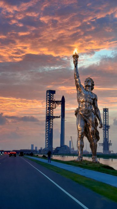 A dramatic sunset scene showing a giant bronze statue holding a flaming torch next to a road, with rocket launch towers in the background.