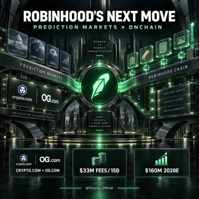 An infographic titled 'ROBINHOOD'S NEXT MOVE: PREDICTION MARKETS × ONCHAIN' highlighting crypto.com, OG.com, $33M FEES/15D, and $160M 2028E projections.