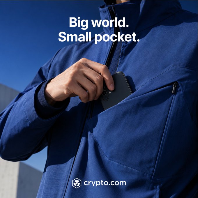 A person in a blue jacket places a smartphone into a chest pocket, with the tagline "Big world. Small pocket." displayed above and the "crypto.com" logo at the bottom, visually reinforcing the message of accessing the onchain future conveniently from a mobile device.
