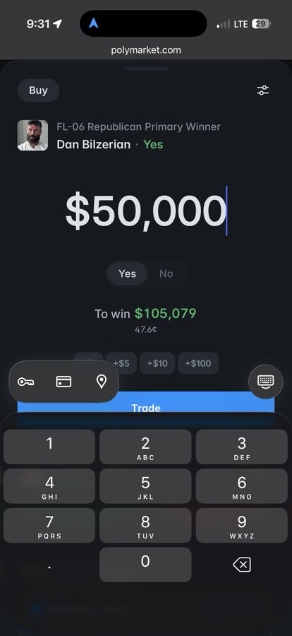 A screenshot of Polymarket.com shows a bet of $50,000 on "Yes" for Dan Bilzerian winning the FL-06 Republican Primary, which would yield $105,079. This visually illustrates the post's claim about Bilzerian learning how liquidity pools work, with the high payout reflecting the market's low implied odds of his primary victory.