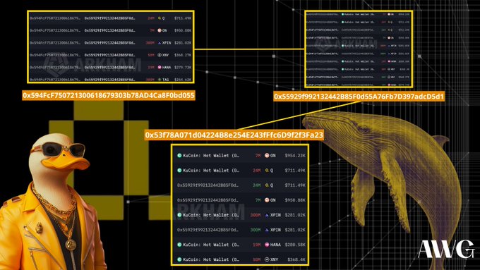 A crypto-themed graphic showing transaction hashes, wallet addresses, KuCoin hot wallet data, a cartoon duck in sunglasses, and a yellow dinosaur-like creature with 'AWG' branding.