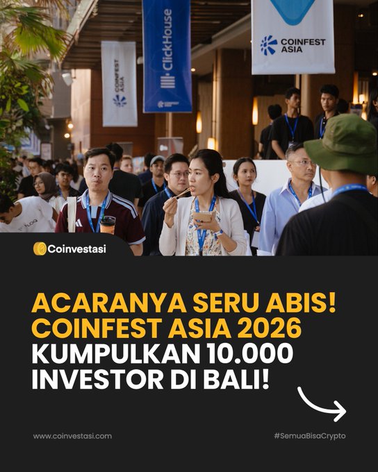 A bustling crowd gathers at Coinfest Asia 2026 in Bali, with attendees visible beneath banners for "ClickHouse" and "Coinfest Asia," supporting the post announcing that 10,000 crypto investors have gathered at the event. The promotional caption reads "ACARANYA SERU ABIS! COINFEST ASIA 2026 KUMPULKAN 10.000 INVESTOR DI BALI!" with the Coinvestasi branding and hashtag #SemuaBisaCrypto.