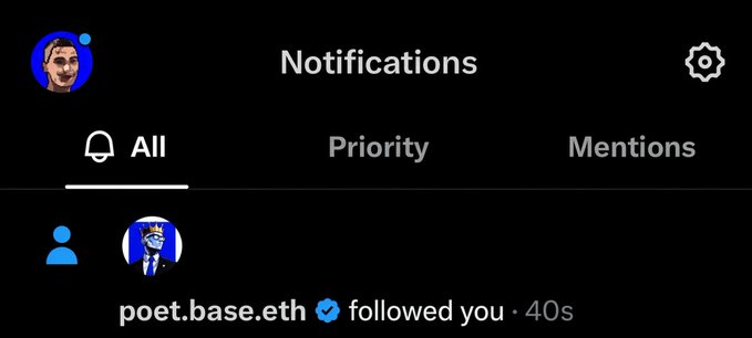A Twitter/X notification screen shows that 'poet.base.eth' followed the user 40 seconds ago.