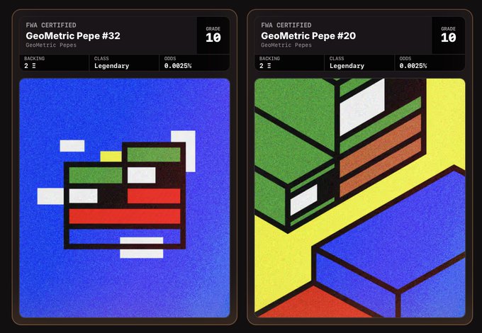 Two FWA-certified "GeoMetric Pepes" digital trading cards with Grade 10 ratings, featuring abstract colorful geometric designs.
