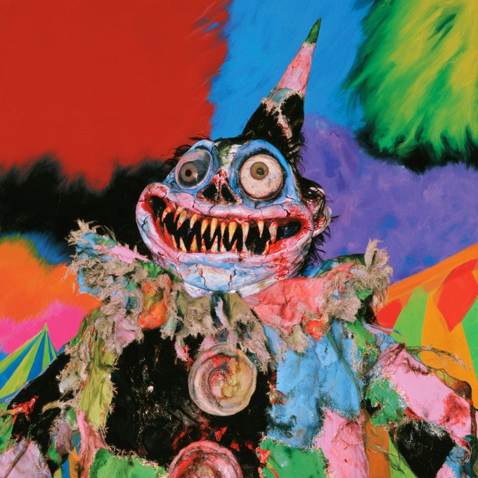 A creepy, colorful painting of a scary clown-like figure with wild bulging eyes, a menacing grin full of sharp teeth, and a party hat, set against a vibrant abstract background.