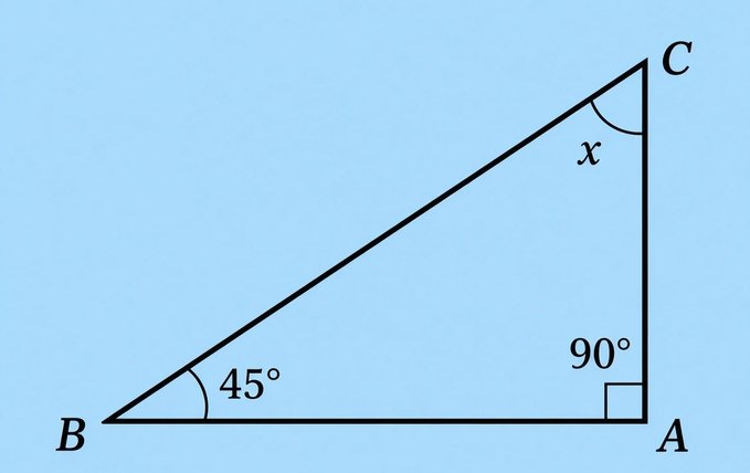 A geometry diagram of a right-angled triangle ABC with a 90° angle at A, a 45° angle at B, and an unknown angle x at C marked against a light blue background.