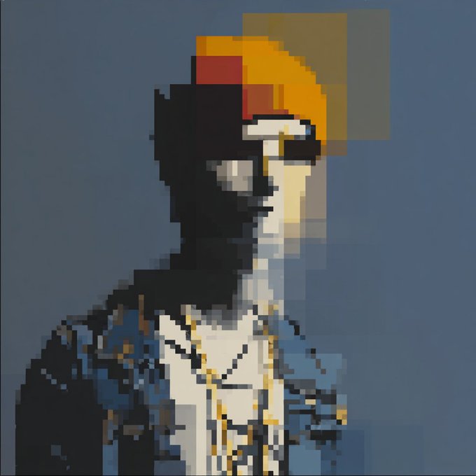 A pixel art portrait depicts a figure with orange and red hair against a blue background.