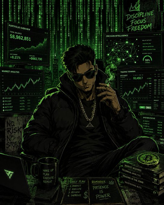 A dark digital illustration of a man in sunglasses and a black jacket surrounded by green holographic trading screens displaying 'PORTFOLIO OVERVIEW', 'MARKET ANALYSIS', and 'ONCHAIN INTELLIGENCE' with 'DISCIPLINE FOCUS FREEDOM' written at the top.