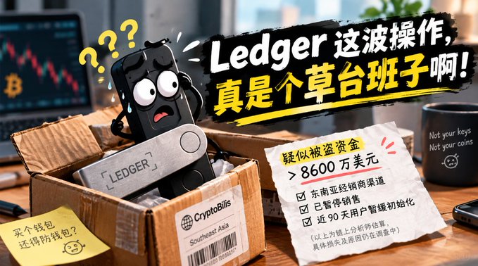 Meme about Ledger, showing a confused Ledger wallet in a box with Chinese text including 'Ledger这波操作, 真是草台班子啊!' and a note saying '疑似被盗资金 > 8600万美元' (suspected stolen funds > $86 million) via 'CryptoBills'.