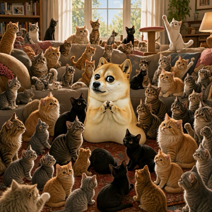 An illustration of a central Shiba Inu dog sitting in a praying or scheming pose, surrounded by a large group of diverse cats gathered around it in a cozy living room setting.