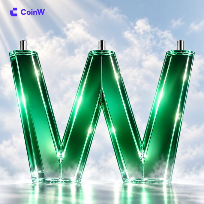 CoinW promotional image featuring a large, glossy green letter 'W' against a bright sky background.